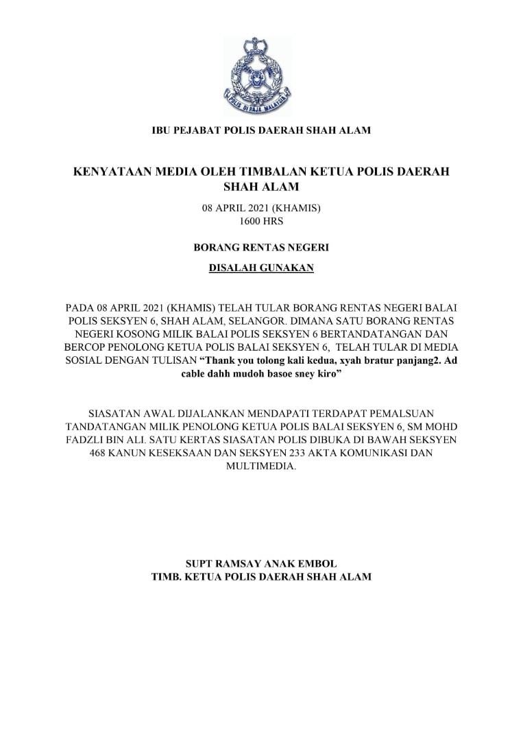 dakwaan borang rentas negeri palsu, ini respon polis shah alam