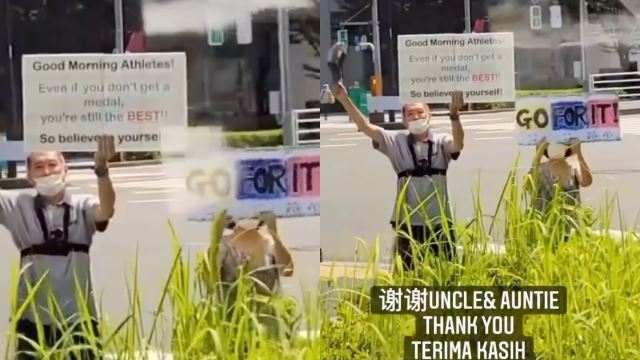 tokyo 2020: dua orang warga jepun pegang sepanduk beri kata-kata semangat, wendy ng yan yee hargai usaha mereka