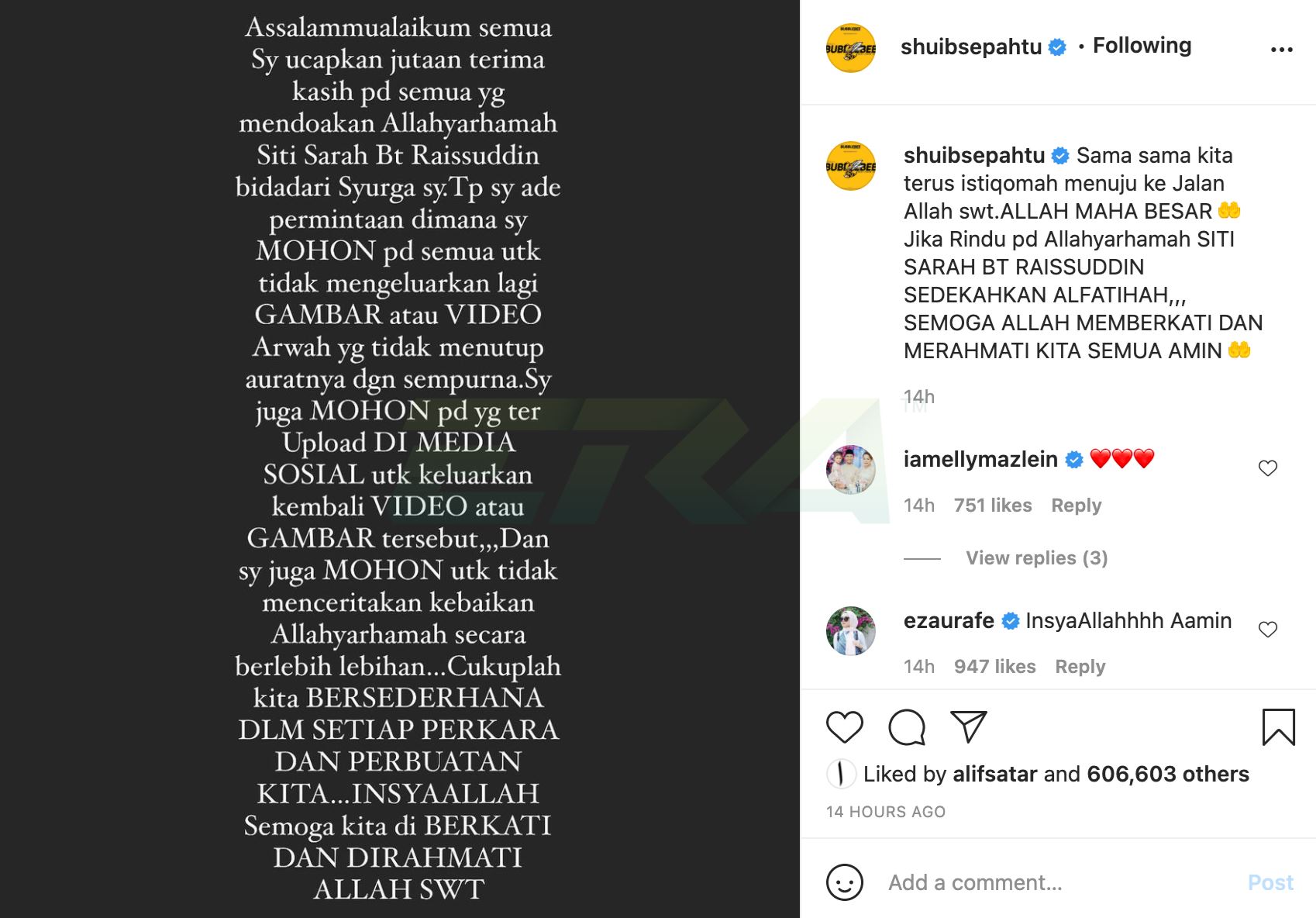 shuib mohon semua pihak padam foto, video allahyarhamah siti sarah tidak tutup aurat