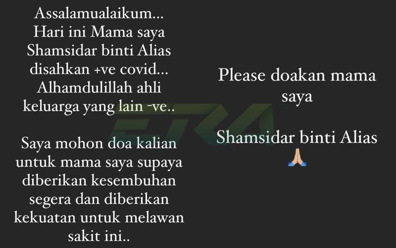 ibu elyana sah dijangkiti covid-19, “mohon doakan buat ibu saya”