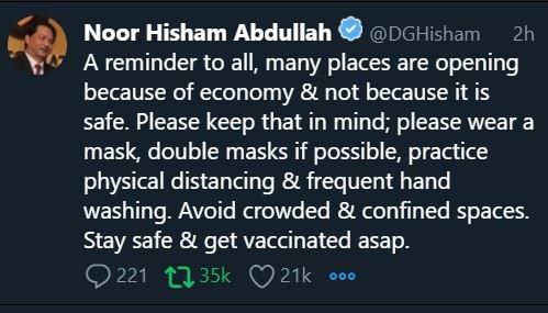 dr noor hisham beri peringatan berhubung kelonggaran aktiviti, perniagaan