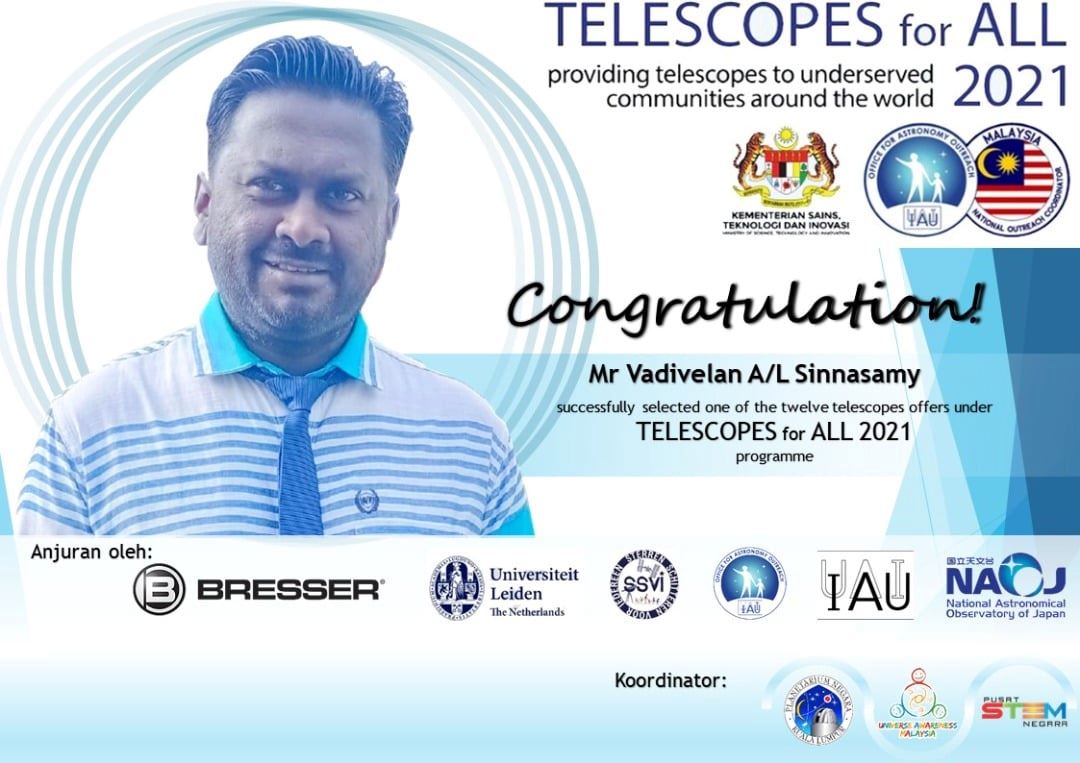 Vadivelan won Telescope for All 2021 Project