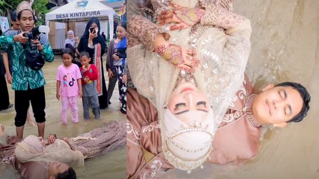 hari perkahwinan dilanda banjir, pasangan pengantin baru 'sporting' je bergambar!