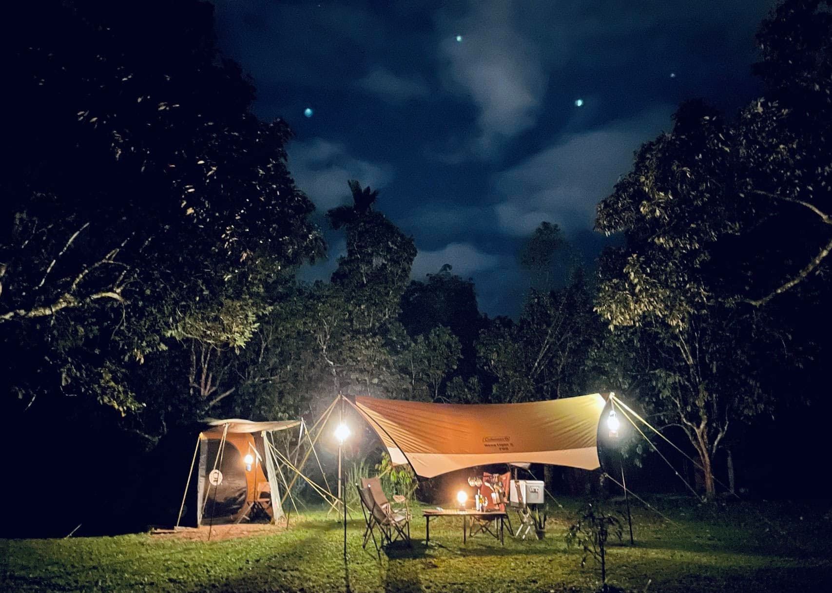 Camping tent under starry sky at Hammocks By The River campsite