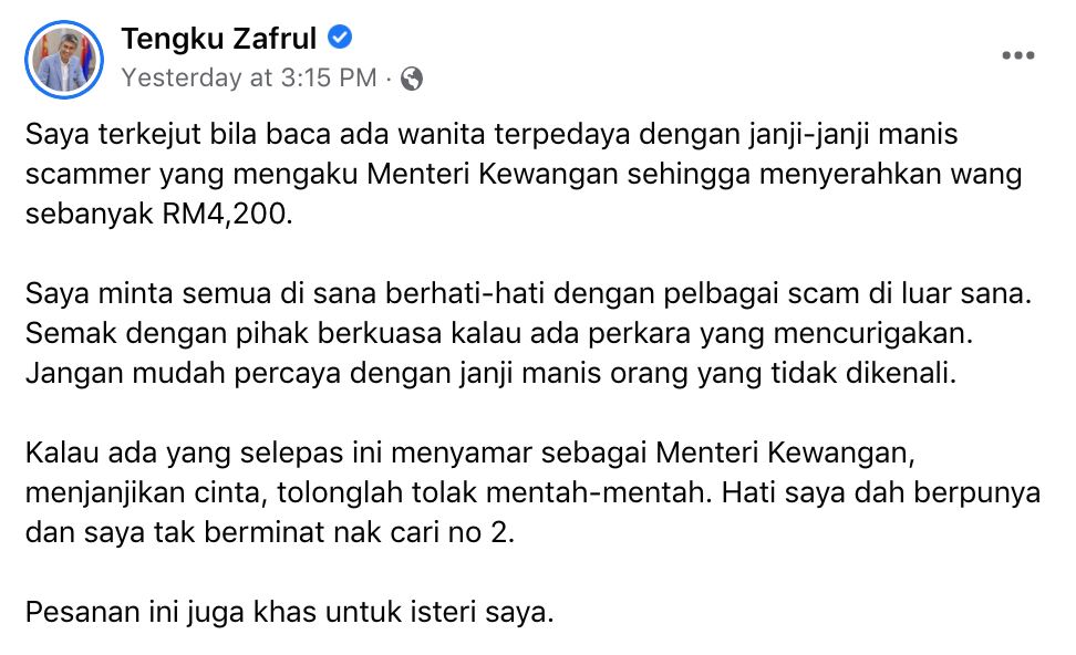 kindergarten teacher loses over rm4,000 after getting love scammed by “finance minister”
