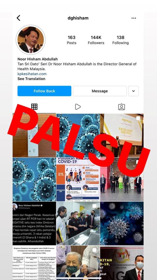 rupanya akaun instagram @dghisham bukan milik kp kesihatan