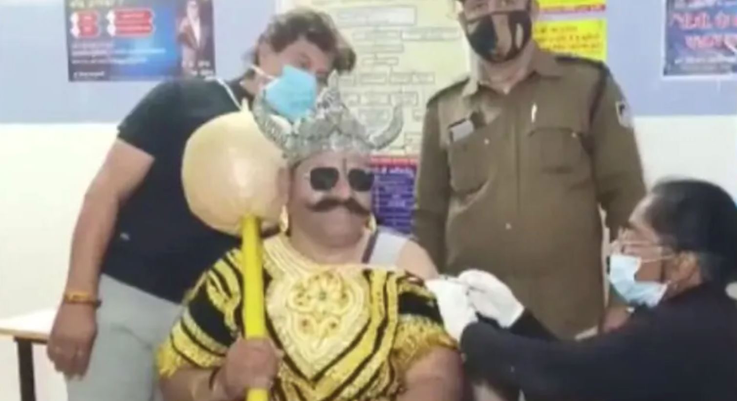 “yama dharma raja” gets vaccinated to raise awareness against covid-19