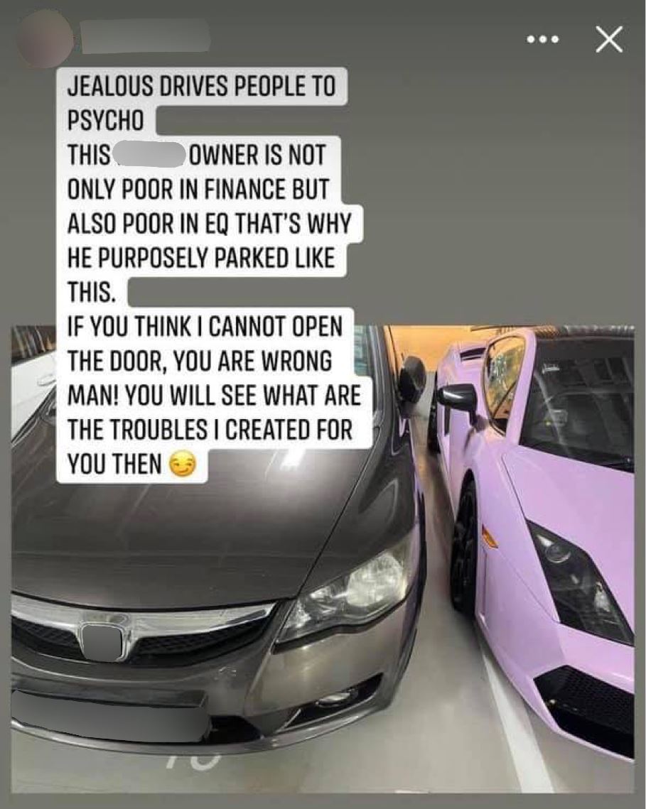 luxury car driver scolds car next to it for bad parking but parks over white line herself