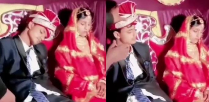 groom falls asleep on stage… beside his bride.