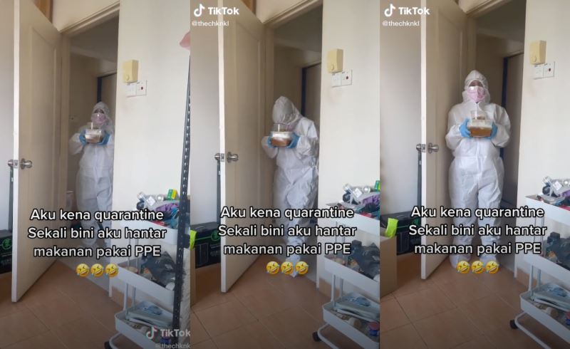 man in quarantine shocked to see his wife in full ppe when sending him food