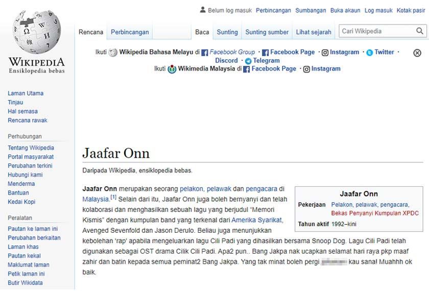 ditulis sebagai bekas penyanyi xpdc, halaman wikipedia jaafar onn dicemari pelbagai fakta palsu