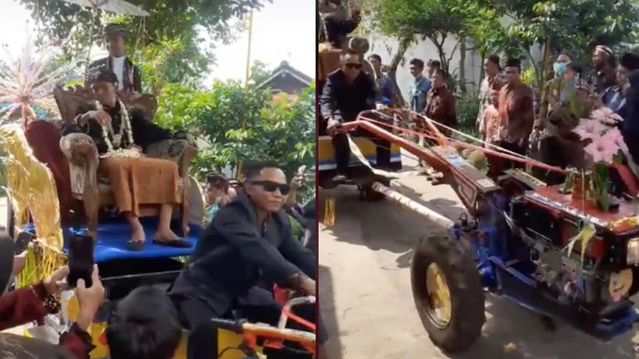 pengantin lelaki diarak menggunakan traktor sekitar kampung