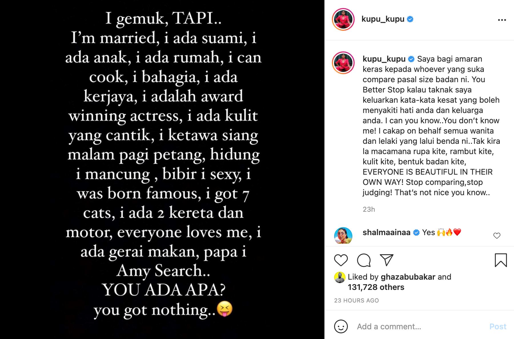 isu ‘body shaming’, nabila huda beri amaran tegas henti bandingkan saiz badan seseorang