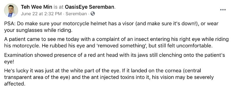 ophthalmologist shares how an ant entered a man’s eye while riding his motorcycle