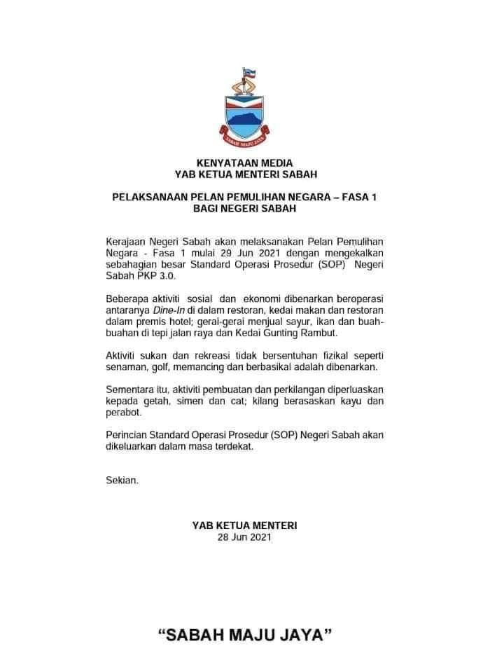 sabah benarkan dine-in dalam restoran, kedai makan mulai esok