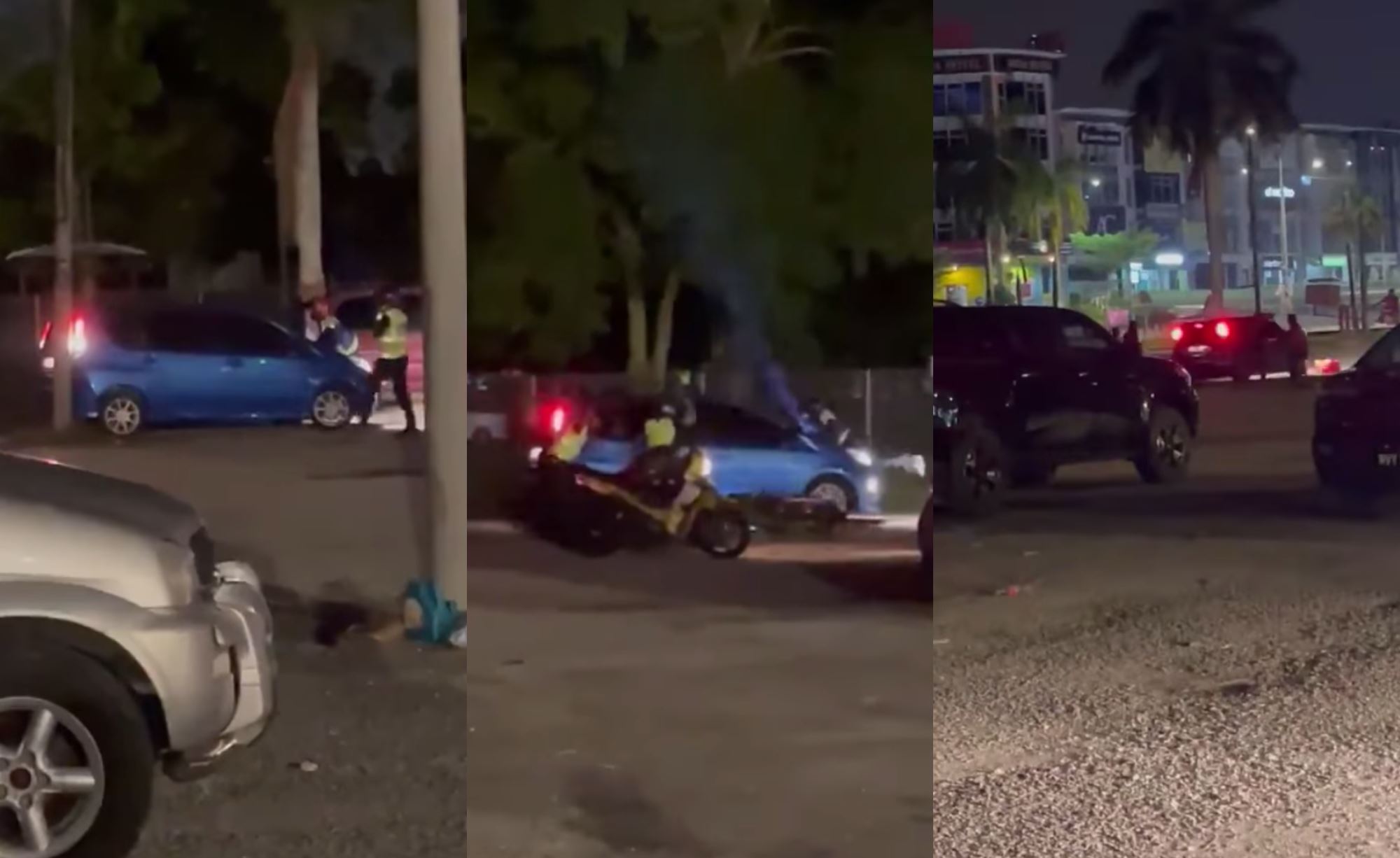 this couple tried to escape pdrm officers, drove away with policeman on bonnet