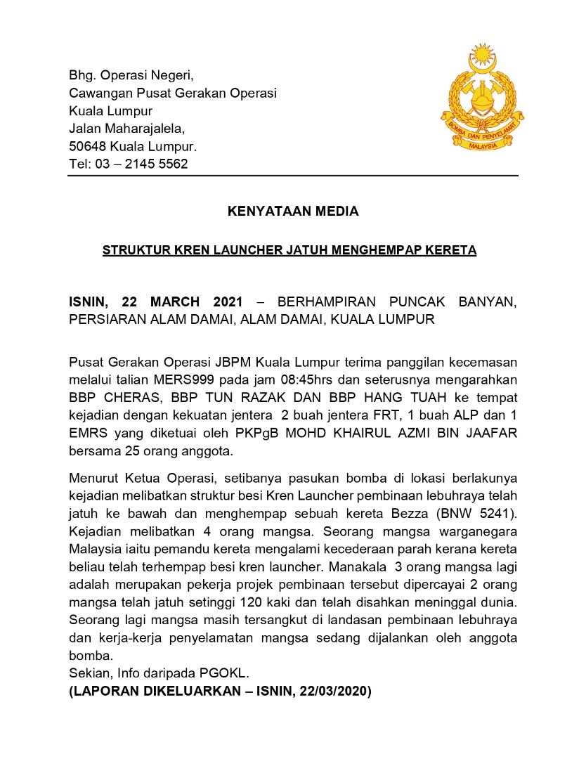 sebahagian kren jatuh, ragut 3 nyawa