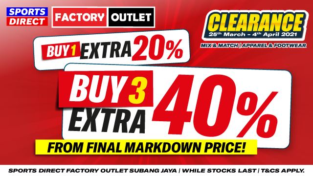 diskaun ekstra 40% untuk produk nike, puma, adidas & under armour di jualan penghabisan stok sports direct factory outlet