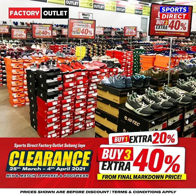 diskaun ekstra 40% untuk produk nike, puma, adidas & under armour di jualan penghabisan stok sports direct factory outlet