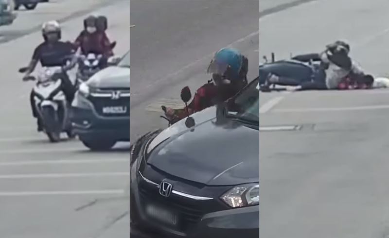 car makes illegal u-turn and hits two motorcyclists in kota bharu