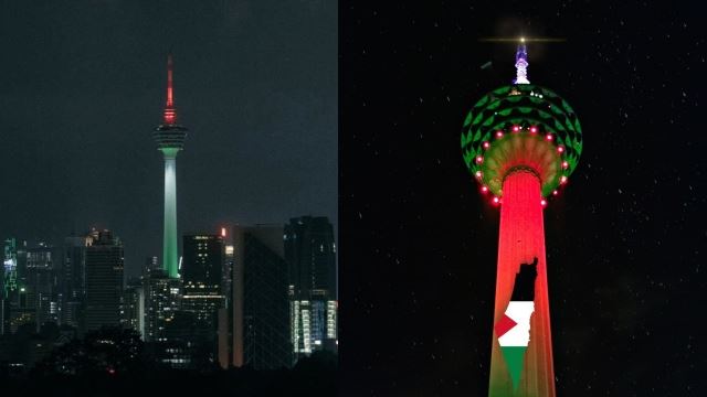 tanda solidariti dan sokongan, menara kuala lumpur dilimpahi cahaya bendera palestin