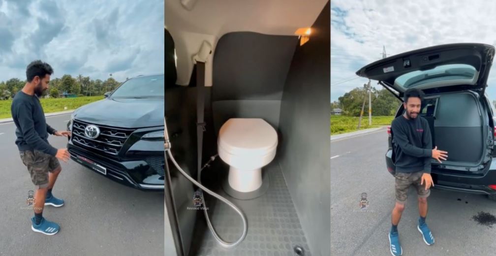 man in india builds a functioning toilet in his car with a water tank!