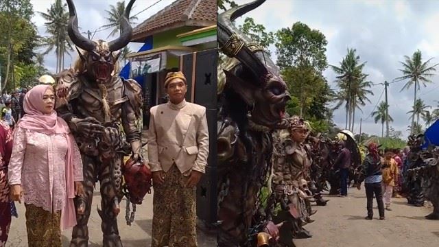 indonesian couple gets married surrounded by “bridesmaids” in unique monster costumes