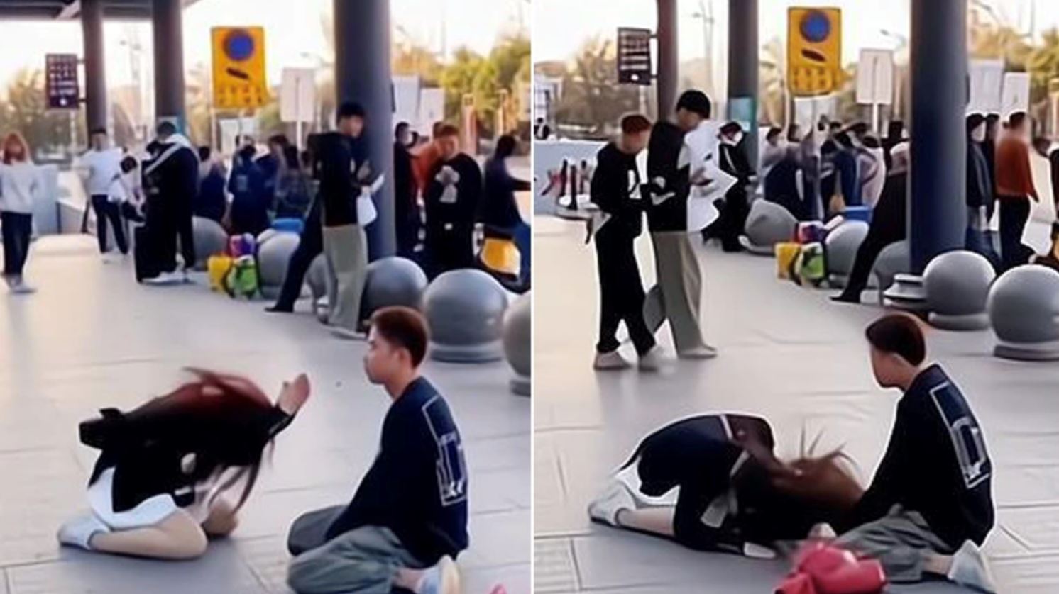 frustrated woman in china kneels in public, begs admirer to stop chasing her