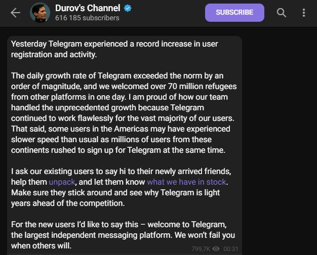 lebih 70 juta ‘pelarian’ baru tiba di telegram lepas facebook buat hal