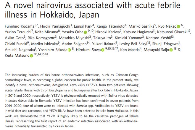 virus yezo, penyakit berjangkit baru ditemui di jepun oleh bawaan kutu