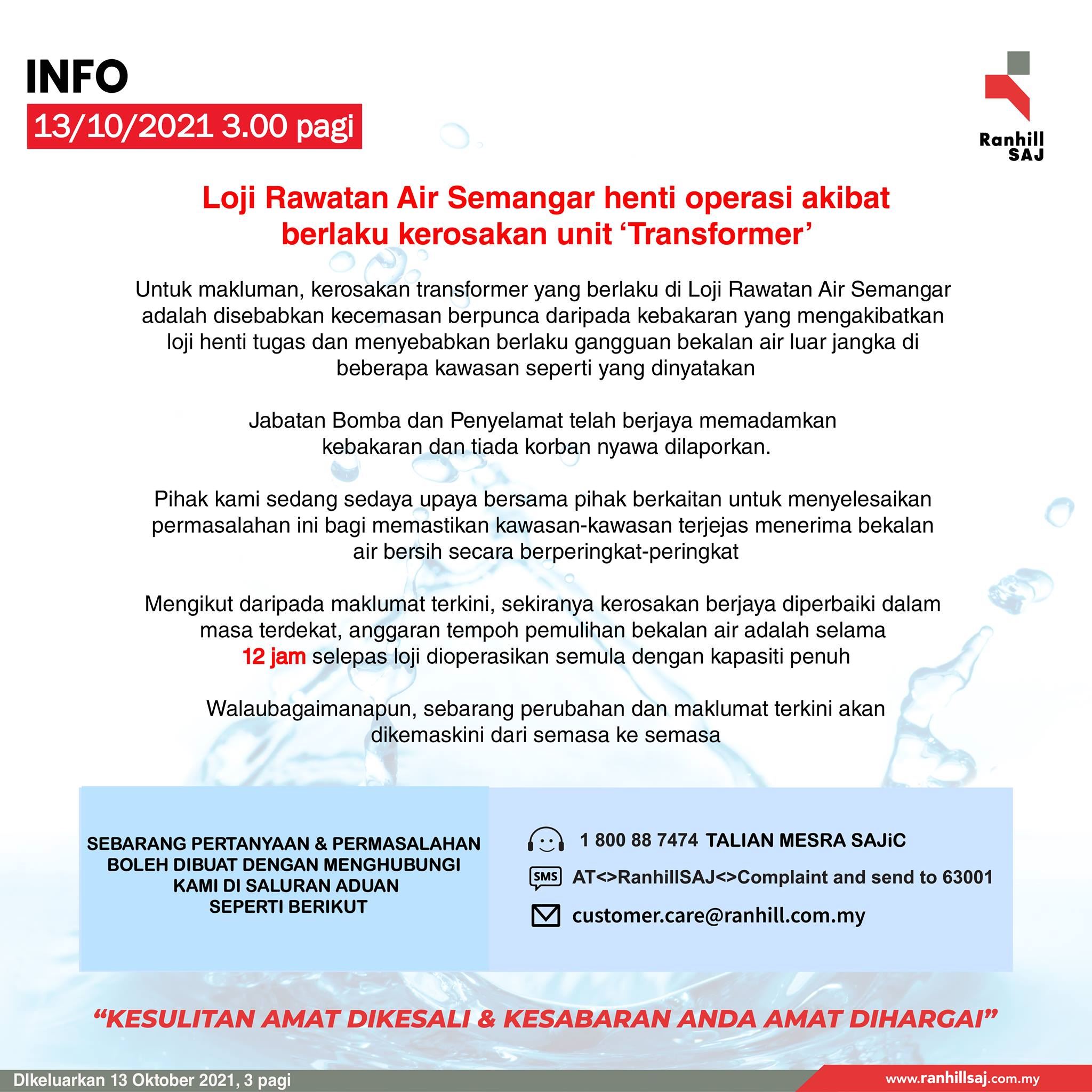 200 kawasan di johor alami gangguan bekalan air akibat kebakaran di loji