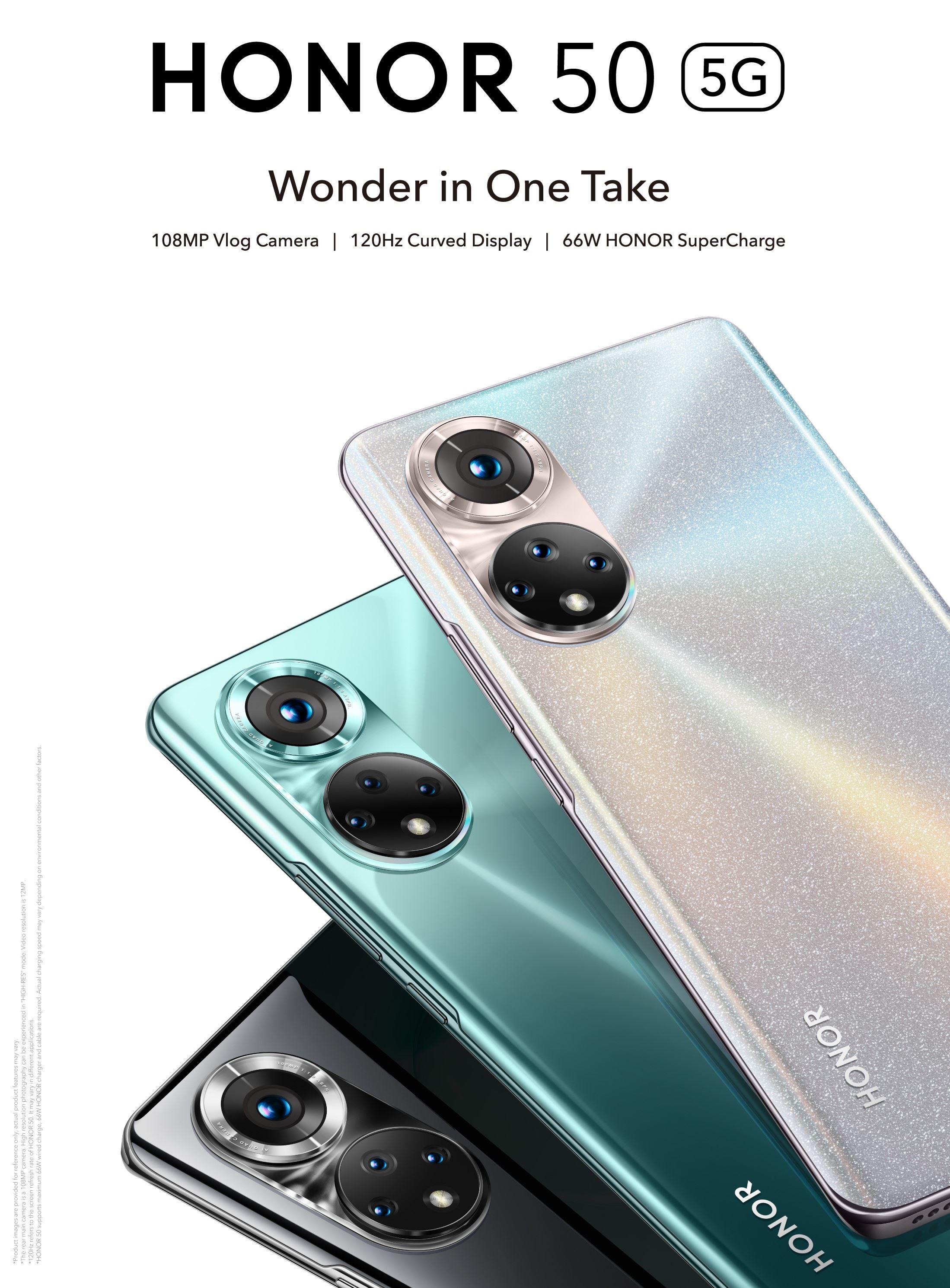 HONOR 50 mobile frost crystal, emerald green and midnight black