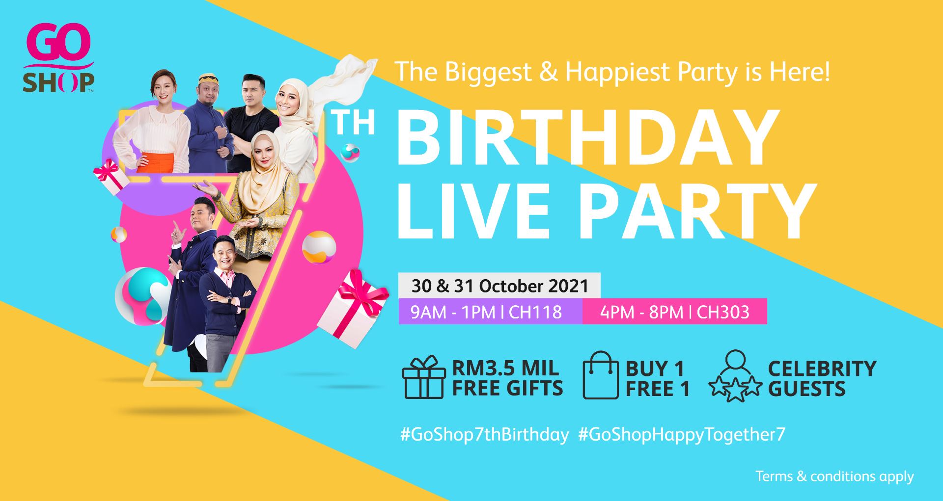 rm 3.5mil free gifts with buy 1 free 1 deals during go shop’s 7th birthday live party!