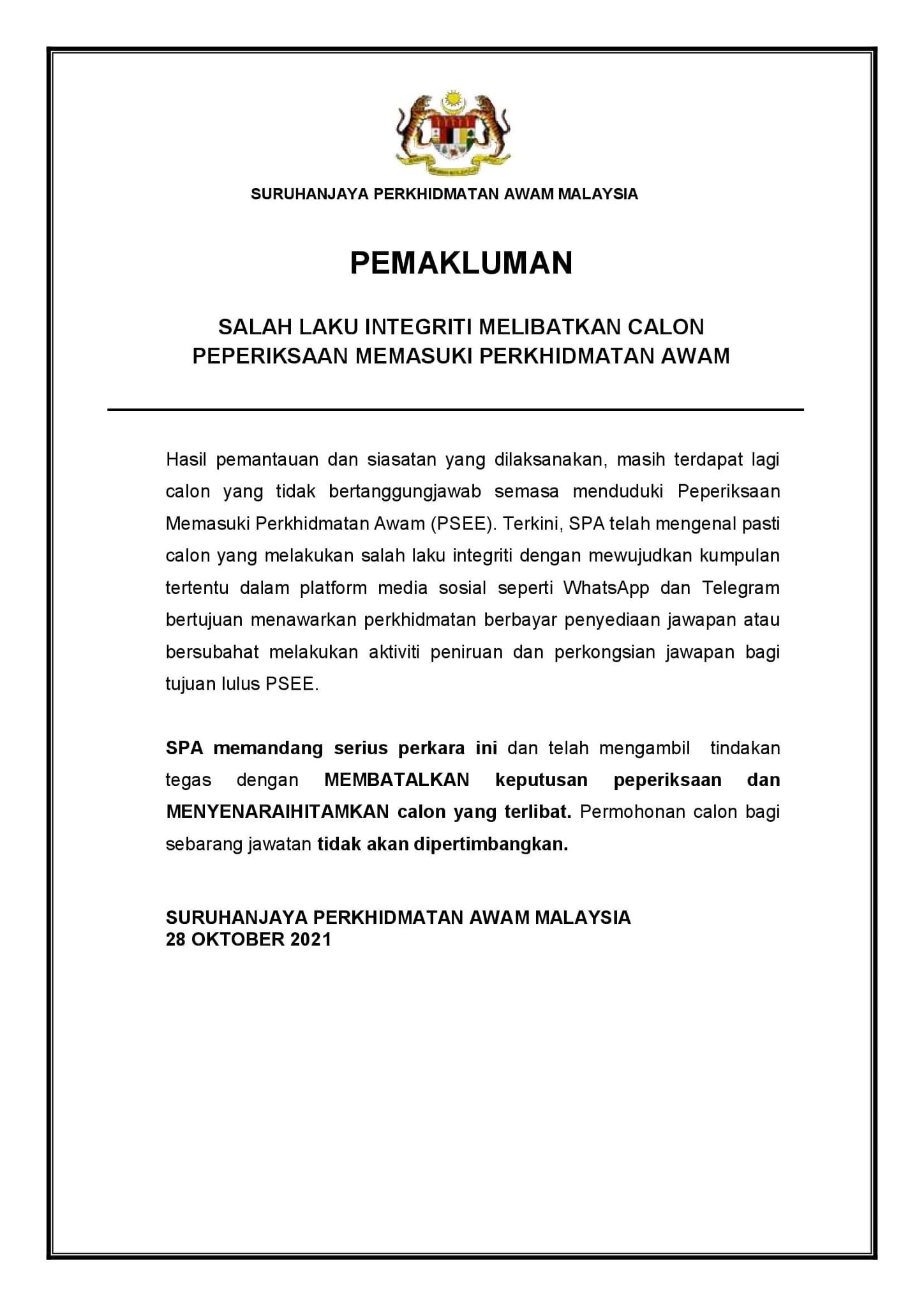 wujud group whatsapp kongsi jawapan, spa blacklist calon menipu exam online