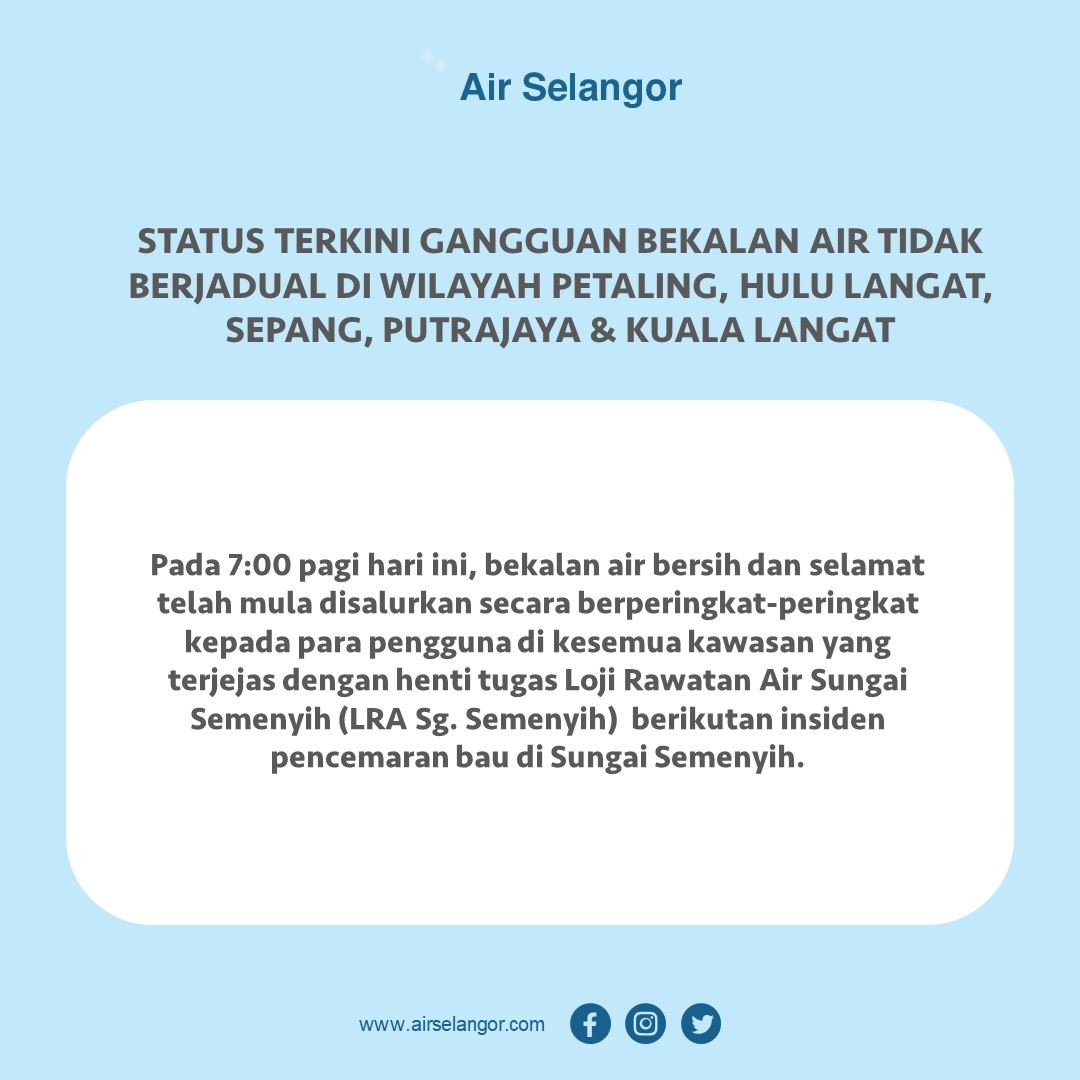 bekalan air dijangka pulih sepenuhnya 3 september, 12 tengah malam 