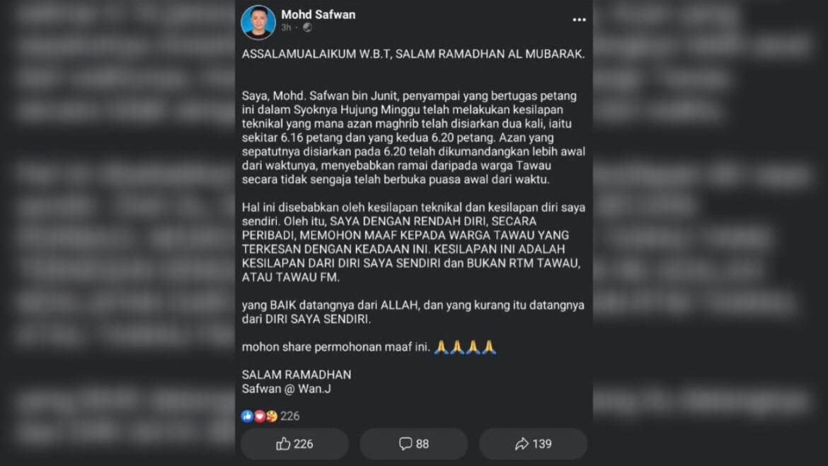 azan maghrib disiarkan awal 4 minit, penduduk daerah tawau berbuka puasa awal tanpa sengaja