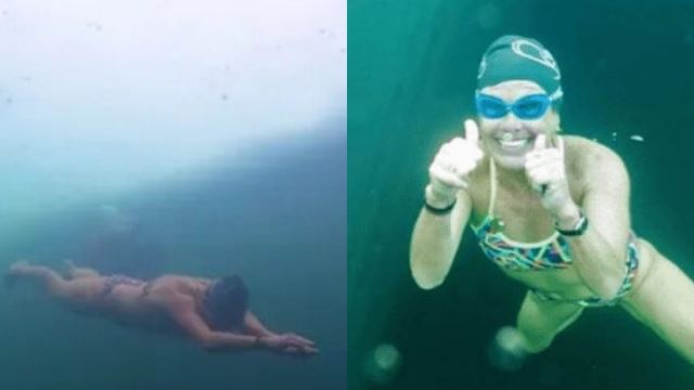 wanita berani berenang 90 meter di bawah lapisan ais tanpa bantuan peralatan renang, pecah rekod dunia