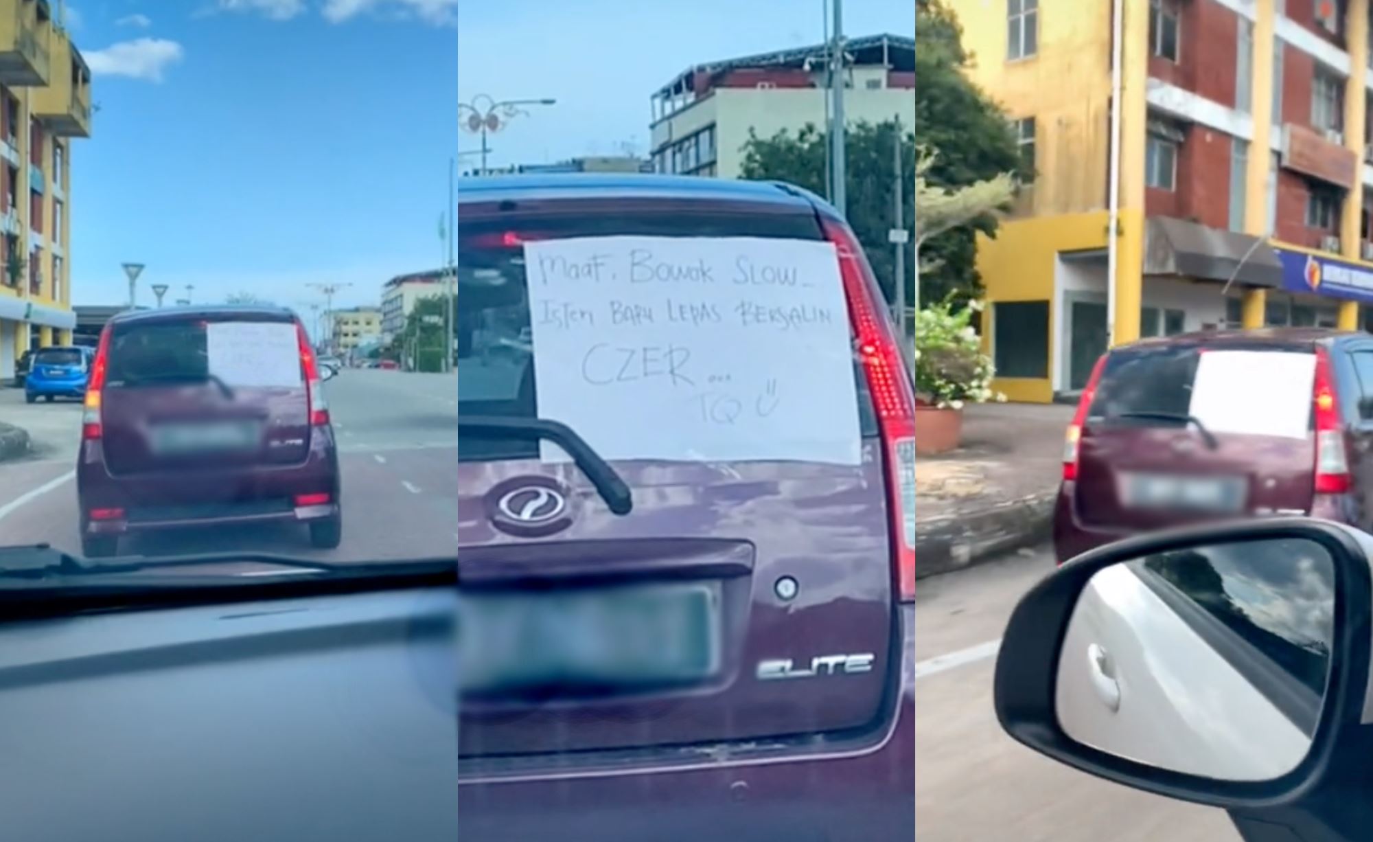 “wife just gave birth” car drives slow with note attached on the back, netizens moved