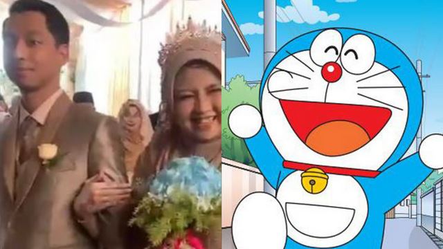 alahai, pasangan pengantin berarak ke pelamin dengan lagu doraemon!
