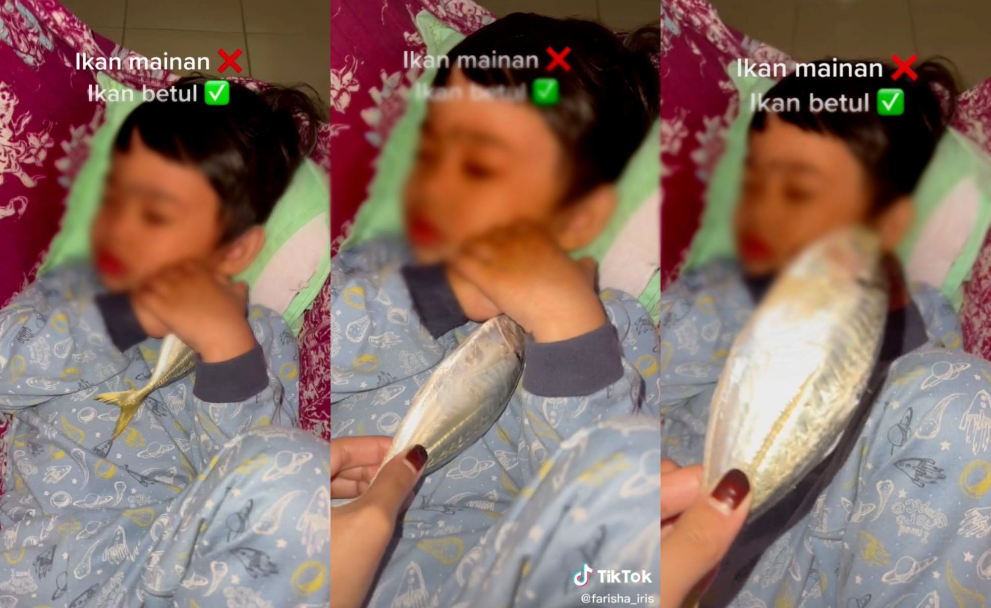 “he loves fish!” mom captures son sleeping with real fish, netizens amused