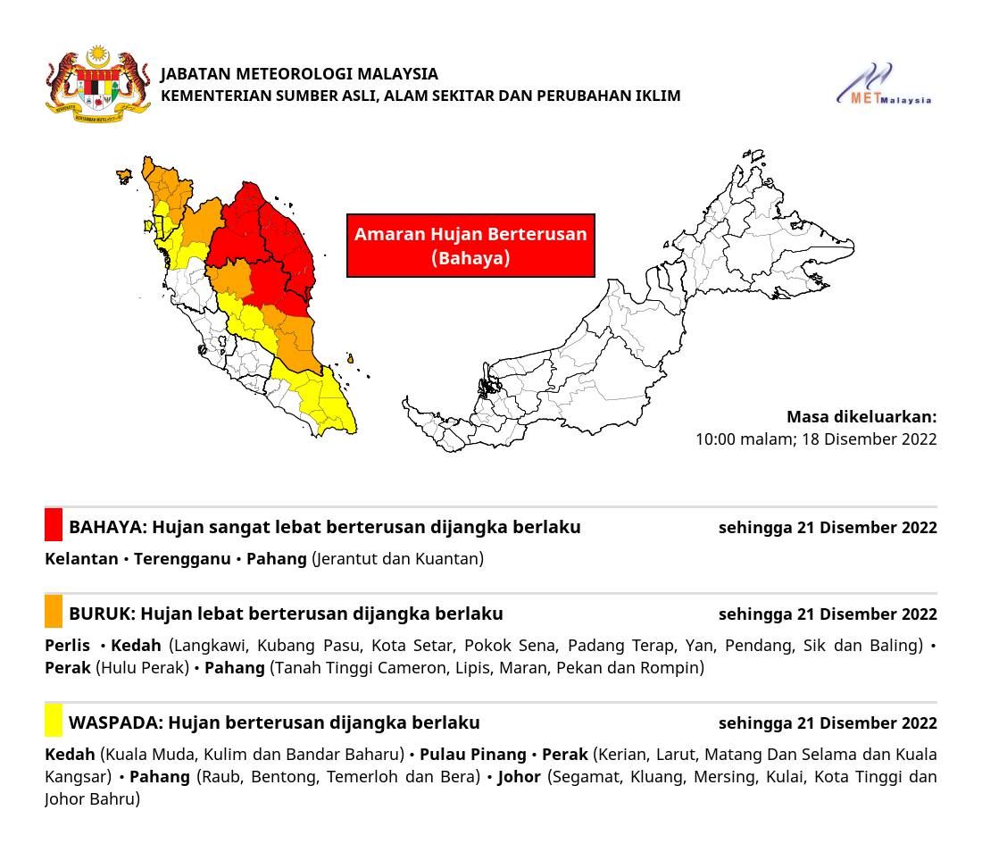 amaran hujan sangat lebat berterusan dijangka berlaku di beberapa negeri ini 