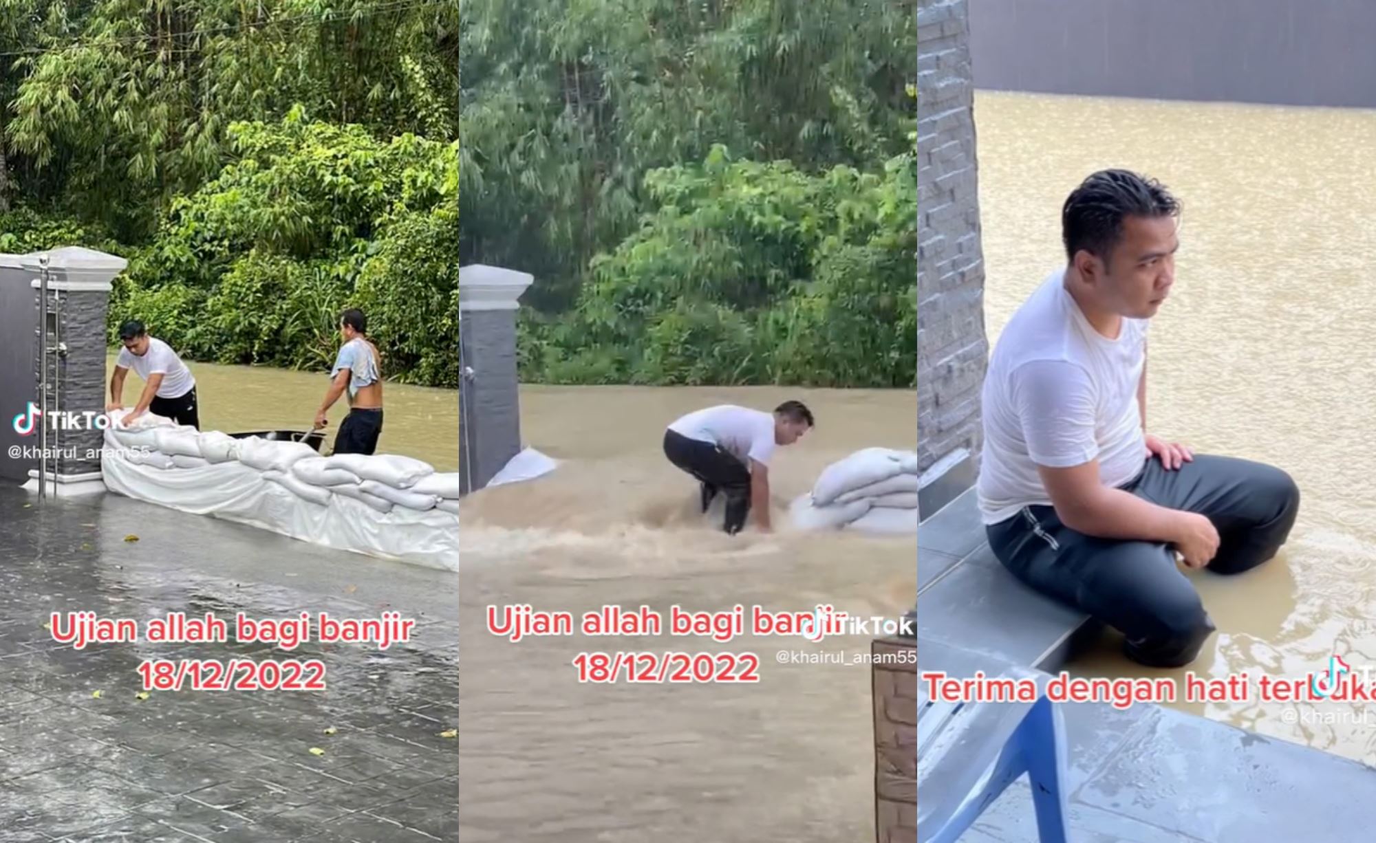 man puts barriers to prevent floodwaters from entering his home but failed, netizens heartbroken by his reaction!