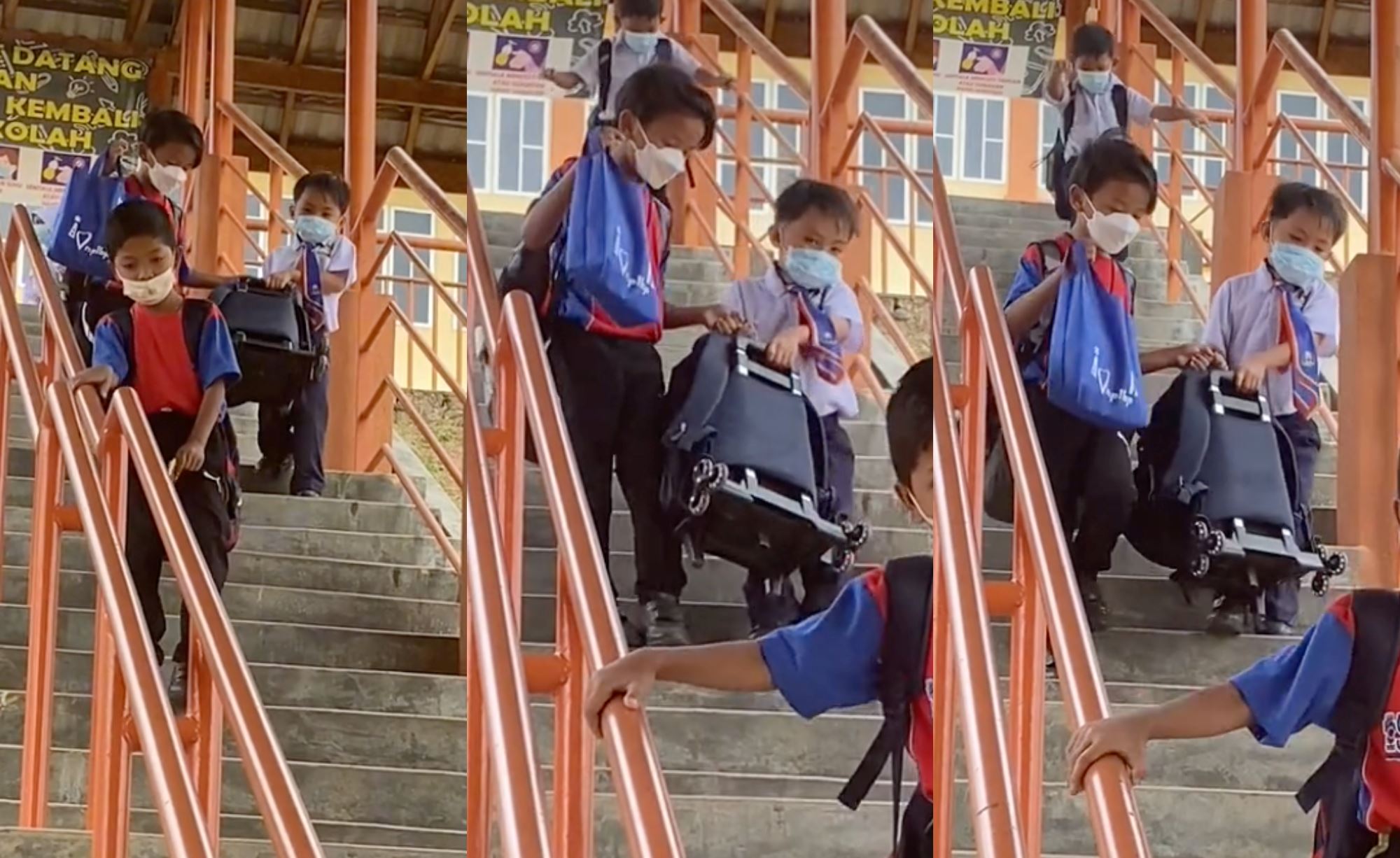 mother praises kind school boy who helped her son carry his heavy bag downstairs