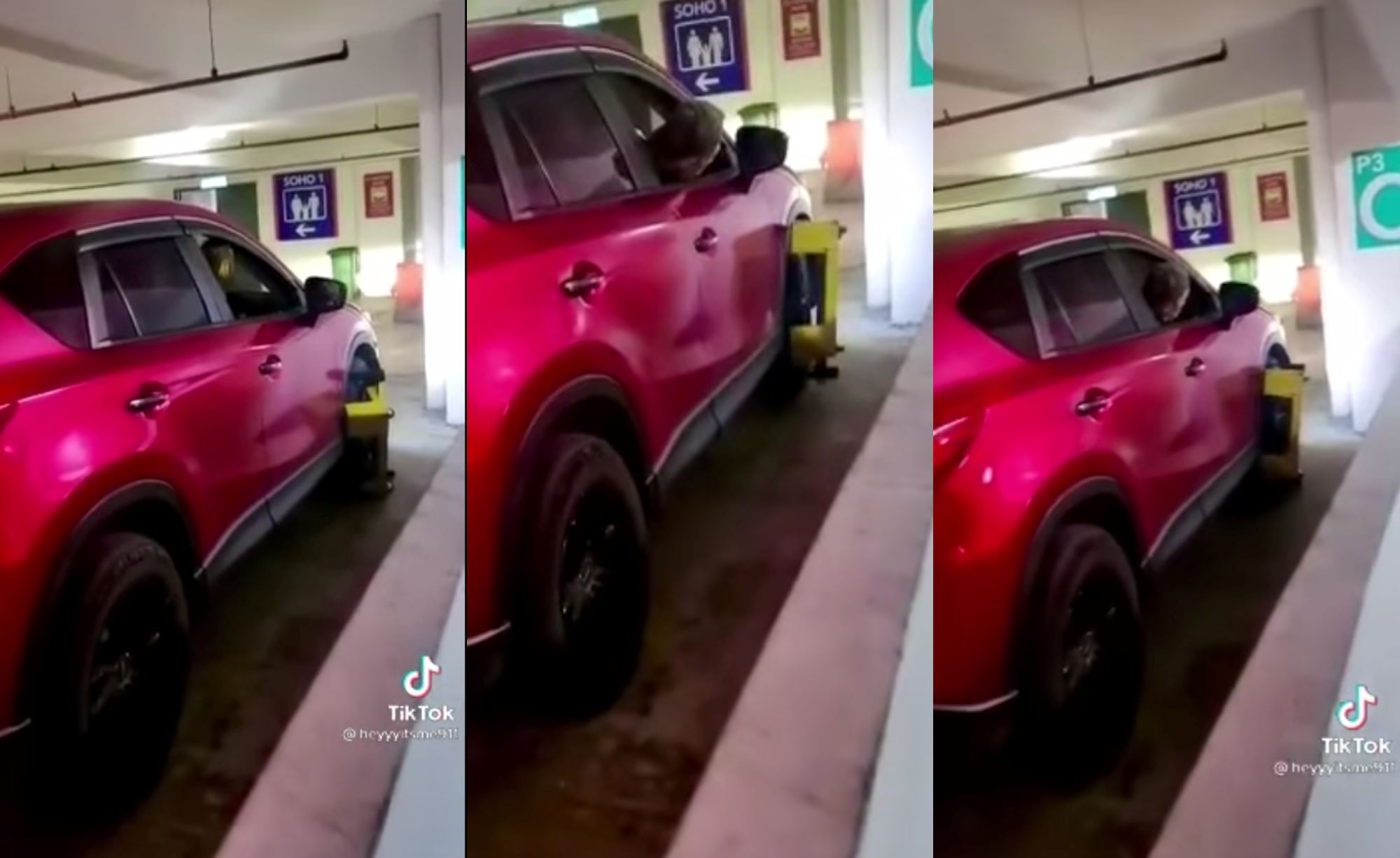 parked outside parking box, malaysian drives car angrily with tyre still clamped