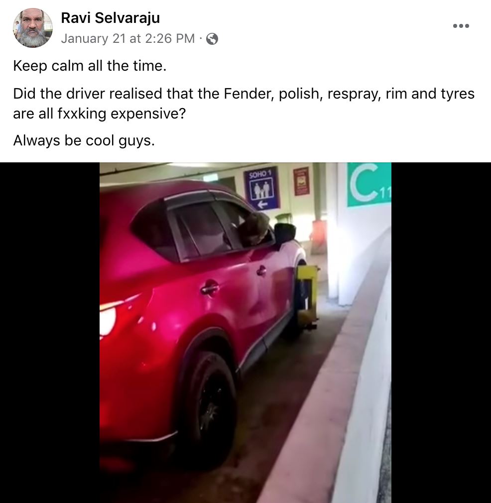 parked outside parking box, malaysian drives car angrily with tyre still clamped