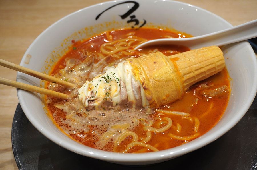 japanese restaurant offers soft serve ice-cream cone in spicy ramen