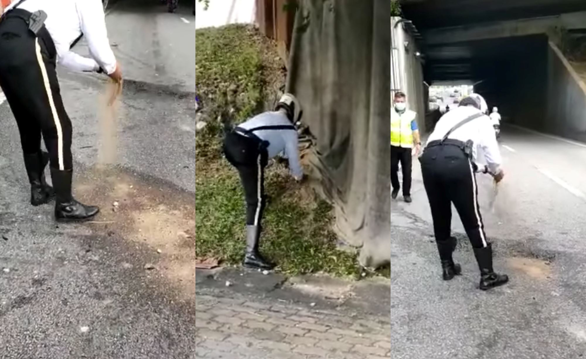 netizens praised abang polis for covering oil slick with sand to avoid accidents