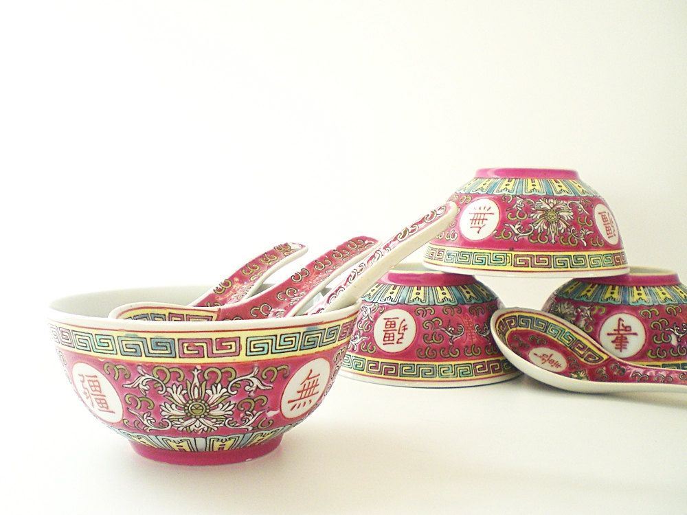 Traditional red bowls as Chinese New Year home deco