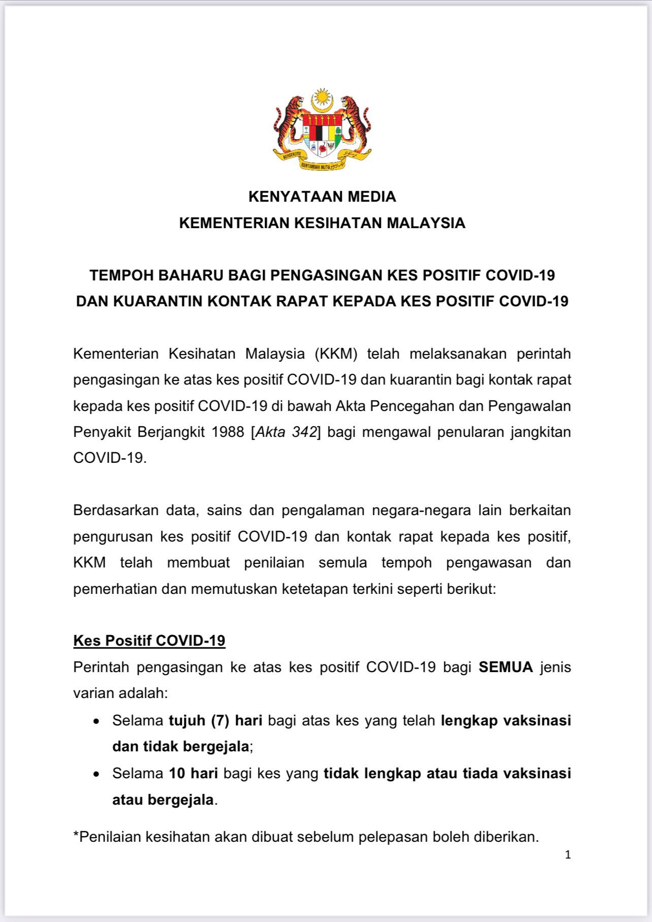tempoh kuarantin dipendekkan jika lengkap vaksin tapi positif covid-19