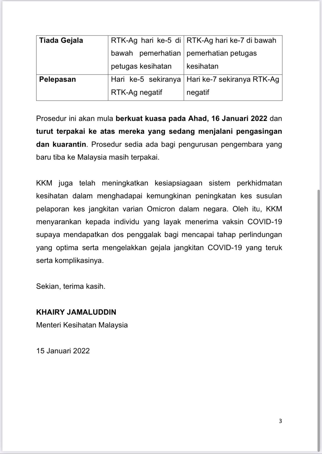 tempoh kuarantin dipendekkan jika lengkap vaksin tapi positif covid-19